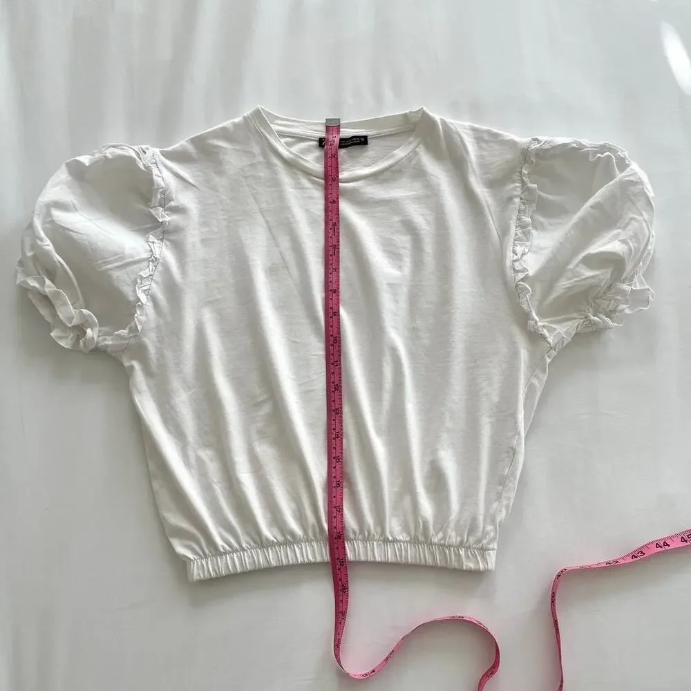 ZARA White Ruffle Puff Short Sleeve Elastic Hem Crop Top